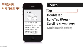 모바일에서                                                    Touch
터치이벤트처리
                             Scroll
                             LongTap
                             DoubleTap
                             Tap
                                                        Tap
                                                        DoubleTap
                                                        LongTap(Press)
                          tap - X : 302 Y : 157
                          doubleTap - X : 201 Y : 400
                                                        Scroll(수직,수평,대각선)
                          longTap - X : 402 Y : 217
                          vScroll -      ..,      ..
                                                        MultiTouch(진행중)
                          hScroll -      ..,      ..
                          dScroll -      ..,      ..




	    	    	 
 