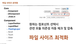파일사이즈최적화

           Core
                Component
                UIComponent
                Jindo.m

           Component
                LayerPosition
                                원하는컴포넌트선택시
                LayerEffect
                FloatingLayer   관련모듈의존성자동체크및압축
                Scroll
                Touch
                Slider
                ~~~
                                파일사이즈최적화
	     	    	 
 