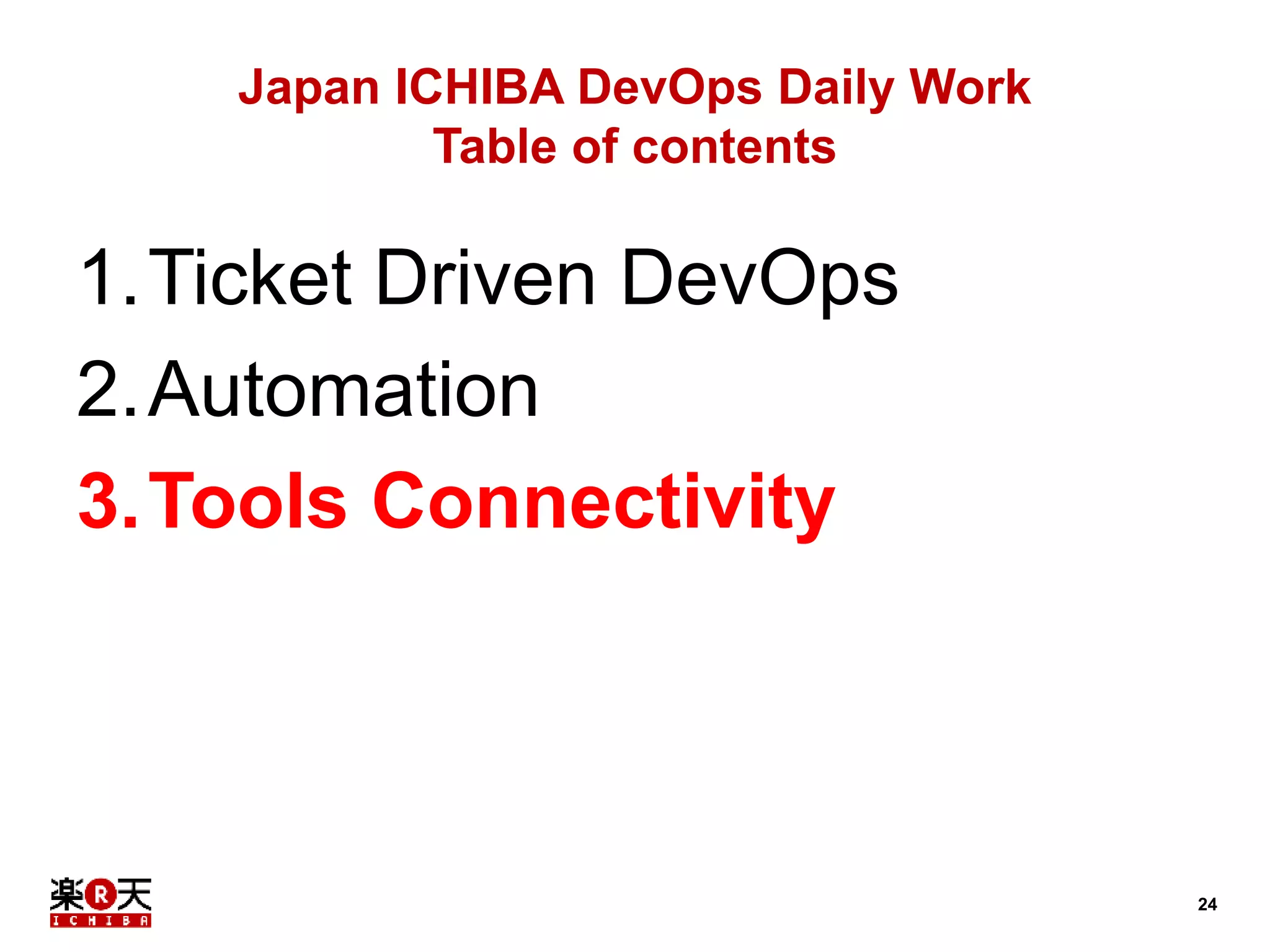 24 
Japan ICHIBA DevOps Daily Work 
Table of contents 
1.Ticket Driven DevOps 
2.Automation 
3.Tools Connectivity 
 