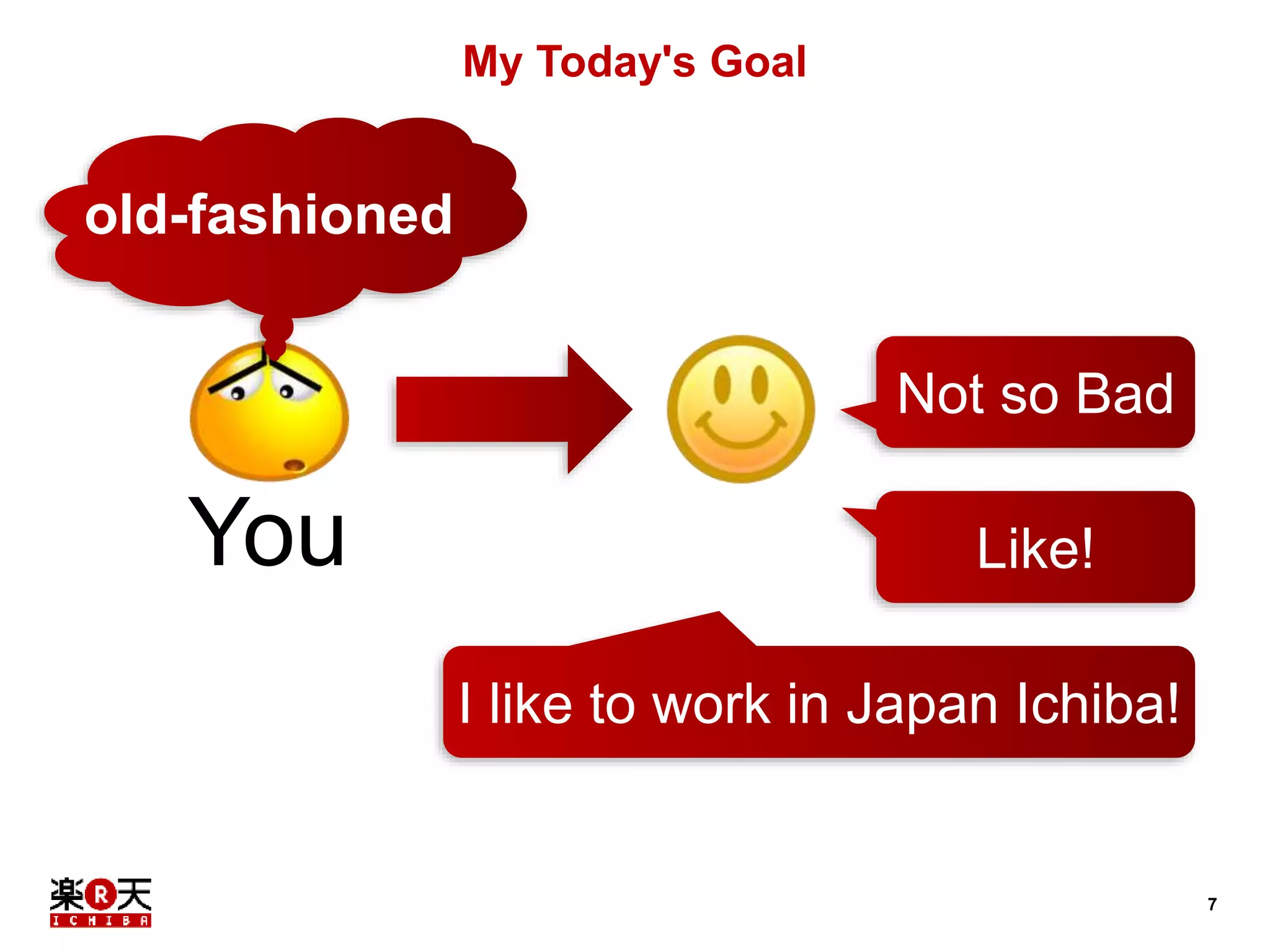 7 
My Today's Goal 
Not so Bad 
old-fashioned 
You Like! 
I like to work in Japan Ichiba! 
 