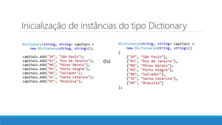 Inicialização de instâncias do tipo Dictionary
ou
 
