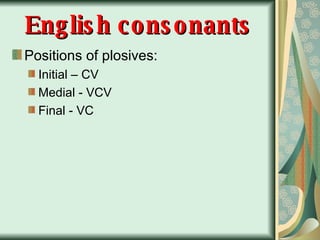 English consonants Positions of plosives: Initial – CV Medial - VCV Final - VC 