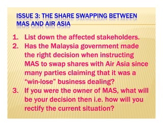 ISSUE 3: THE SHARE IIISSSSSSUUUEEE 333::: TTTHHHEEE SSSHHHAAARRREEE SSSSWWWWAAAAPPPPPPPPIIIINNNNGGGG BBBBEEEETTTTWWWWEEEEEEEENNNN 
MMMMAAAASSSS AAAANNNNDDDD AAAAIIIIRRRR AAAASSSSIIIIAAAA 
1111.... LLLLiiiisssstttt ddddoooowwwwnnnn tttthhhheeee aaaaffffffffeeeecccctttteeeedddd ssssttttaaaakkkkeeeehhhhoooollllddddeeeerrrrssss.... 
2222.... HHHHaaaassss tttthhhheeee MMMMaaaallllaaaayyyyssssiiiiaaaa ggggoooovvvveeeerrrrnnnnmmmmeeeennnntttt mmmmaaaaddddeeee 
tttthhhheeee rrrriiiigggghhhhtttt ddddeeeecccciiiissssiiiioooonnnn wwwwhhhheeeennnn iiiinnnnssssttttrrrruuuuccccttttiiiinnnngggg 
MMMMMMMMAAAAAAAASSSSSSSS ttttttttoooooooo sssssssswwwwwwwwaaaaaaaapppppppp sssssssshhhhhhhhaaaaaaaarrrrrrrreeeeeeeessssssss wwwwwwwwiiiiiiiitttttttthhhhhhhh AAAAAAAAiiiiiiiirrrrrrrr AAAAAAAAssssssssiiiiiiiiaaaaaaaa ssssssssiiiiiiiinnnnnnnncccccccceeeeeeee 
mmmmaaaannnnyyyy ppppaaaarrrrttttiiiieeeessss ccccllllaaaaiiiimmmmiiiinnnngggg tttthhhhaaaatttt iiiitttt wwwwaaaassss aaaa 
““““wwwwiiiinnnn--lllloooosssseeee”””” bbbbuuuussssiiiinnnneeeessssssss ddddeeeeaaaalllliiiinnnngggg???? 
3333.... IIIIffff yyyyoooouuuu wwwweeeerrrreeee tttthhhheeee oooowwwwnnnneeeerrrr ooooffff MMMMAAAASSSS,,,, wwwwhhhhaaaatttt wwwwiiiillllllll 
bbbbeeee yyyyoooouuuurrrr ddddeeeecccciiiissssiiiioooonnnn tttthhhheeeennnn iiii....eeee.... hhhhoooowwww wwwwiiiillllllll yyyyoooouuuu 
rrrreeeeccccttttiiiiffffyyyy tttthhhheeee ccccuuuurrrrrrrreeeennnntttt ssssiiiittttuuuuaaaattttiiiioooonnnn???? 
 