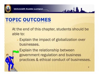 TOPIC OUTCOMES 
At the end of this chapter, AAAttt ttthhheee eeennnddd ooofff ttthhhiiisss ccchhhaaapppttteeerrr,,, ssssttttuuuuddddeeeennnnttttssss sssshhhhoooouuuulllldddd bbbbeeee 
aaaabbbblllleeee ttttoooo:::: 
EEEExxxxppppllllaaaaiiiinnnn tttthhhheeee iiiimmmmppppaaaacccctttt ooooffff gggglllloooobbbbaaaalllliiiizzzzaaaattttiiiioooonnnn oooovvvveeeerrrr 
2 
 bbbbuuuussssiiiinnnneeeesssssssseeeessss.... 
 EEEExxxxppppllllaaaaiiiinnnn tttthhhheeee rrrreeeellllaaaattttiiiioooonnnnsssshhhhiiiipppp bbbbeeeettttwwwweeeeeeeennnn 
ggggoooovvvveeeerrrrnnnnmmmmeeeennnntttt rrrreeeegggguuuullllaaaattttiiiioooonnnn aaaannnndddd bbbbuuuussssiiiinnnneeeessssssss 
pppprrrraaaaccccttttiiiicccceeeessss  eeeetttthhhhiiiiccccaaaallll ccccoooonnnndddduuuucccctttt ooooffff bbbbuuuussssiiiinnnneeeesssssssseeeessss.... 
 