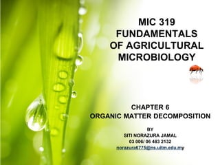 MIC 319
FUNDAMENTALS
OF AGRICULTURAL
MICROBIOLOGY

CHAPTER 6
ORGANIC MATTER DECOMPOSITION
BY
SITI NORAZURA JAMAL
03 006/ 06 483 2132
norazura6775@ns.uitm.edu.my

 