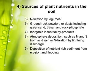 4) Sources of plant nutrients in the
soil
5) N-fixation by legumes
6) Ground rock powders or dusts including
greensand, ba...