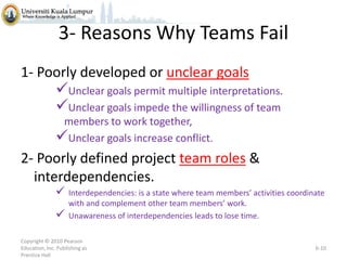 3- Reasons Why Teams Fail
1- Poorly developed or unclear goals
Unclear goals permit multiple interpretations.
Unclear goals impede the willingness of team
members to work together,
Unclear goals increase conflict.

2- Poorly defined project team roles &
interdependencies.

 Interdependencies: is a state where team members’ activities coordinate


with and complement other team members’ work.
Unawareness of interdependencies leads to lose time.

Copyright © 2010 Pearson
Education, Inc. Publishing as
Prentice Hall

6-10

 