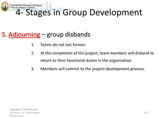 4- Stages in Group Development
5. Adjourning – group disbands
1.

Teams do not last forever.

2.

At the completion of the project, team members will disband to
return to their functional duties in the organization.

3.

Copyright © 2010 Pearson
Education, Inc. Publishing as
Prentice Hall

Members will commit to the project development process.

6-17

 