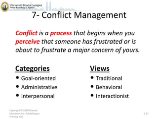 7- Conflict Management
Conflict is a process that begins when you
perceive that someone has frustrated or is
about to frustrate a major concern of yours.

Categories

Views

• Goal-oriented
• Administrative
• Interpersonal

• Traditional
• Behavioral
• Interactionist

Copyright © 2010 Pearson
Education, Inc. Publishing as
Prentice Hall

6-27

 