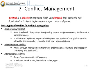 7- Conflict Management
Conflict is a process that begins when you perceive that someone has
frustrated or is about to frustrate a major concern of yours.
Most types of conflict fit within 3 categories:

•

•
•

Goal-oriented conflict:
• associated with disagreements regarding results, scope outcomes, performance
specifications,…
• It result from a poor or vague or incomplete perception of the goals that may
allow the team members to make their own interpretations.
Administrative conflict:
• Arises through management hierarchy, organizational structure or philosophy
(authority and decisions).
Interpersonal conflict:
• Arises from personality differences.
• It includes work ethics, behavioral styles, egos….
Copyright © 2010 Pearson
Education, Inc. Publishing as
Prentice Hall

6-28

 