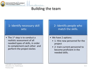 Building the team

1- Identify necessary skill
sets:

2- Identify people who
match the skills.

• The 1st step is to conduct a
realistic assessment of all
needed types of skills, in order
to complement each other and
perform the project duties

• We have 2 options:
• 1- Hire new personnel for the
project
• 2- train current personnel to
become proficient in the
needed skills.

Copyright © 2010 Pearson
Education, Inc. Publishing as
Prentice Hall

6-3

 