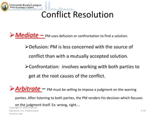 Conflict Resolution
Mediate – PM uses defusion or confrontation to find a solution.
Defusion: PM is less concerned with the source of
conflict than with a mutually accepted solution.

Confrontation: involves working with both parties to
get at the root causes of the conflict.

Arbitrate – PM must be willing to impose a judgment on the warring
parties. After listening to both parties, the PM renders his decision which focuses
on the judgment itself. Ex: wrong, right….

Copyright © 2010 Pearson
Education, Inc. Publishing as
Prentice Hall

6-30

 