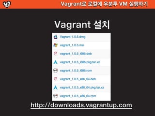 Vagrant로 로컬에 우분투 VM 실행하기



       Vagrant 설치




http://downloads.vagrantup.com
 