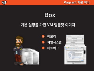 Vagrant 기본 지식



        Box
기본 설정을 가진 VM 템플릿 이미지

         메모리
         파일시스템
         네트워크
 