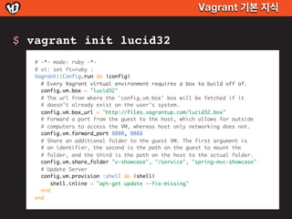Vagrant 기본 지식


$ vagrant init lucid32
   # -*- mode: ruby -*-
   # vi: set ft=ruby :
   Vagrant::Config.run do |config|
     # Every Vagrant virtual environment requires a box to build off of.
     config.vm.box = "lucid32"
     # The url from where the 'config.vm.box' box will be fetched if it
     # doesn't already exist on the user's system.
     config.vm.box_url = "http://files.vagrantup.com/lucid32.box"
     # Forward a port from the guest to the host, which allows for outside
     # computers to access the VM, whereas host only networking does not.
     config.vm.forward_port 8080, 8088
     # Share an additional folder to the guest VM. The first argument is
     # an identifier, the second is the path on the guest to mount the
     # folder, and the third is the path on the host to the actual folder.
     config.vm.share_folder "v-showcase", "/service", "spring-mvc-showcase"
     # Update Server
     config.vm.provision :shell do |shell|
         shell.inline = "apt-get update --fix-missing"
     end
   end
 