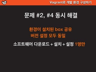 Vagrant로 개발 환경 구성하기



   문제 #2, #4 동시 해결

     환경이 설치된 box 공유
     버전 설정 모두 동일
소프트웨어 다운로드 + 설치 + 설정 1명만
 