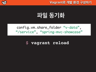 Vagrant로 개발 환경 구성하기



          파일 동기화
config.vm.share_folder “v-data”,
“/service”, “spring-mvc-showcase”


    $ vagrant reload
 
