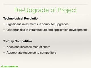Re-Upgrade of Project
Technological Revolution
❖ Signiﬁcant investments in computer upgrades 

❖ Opportunities in infrastructure and application development

To Stay Competitive
❖ Keep and increase market share 

❖ Appropriate response to competitors
 