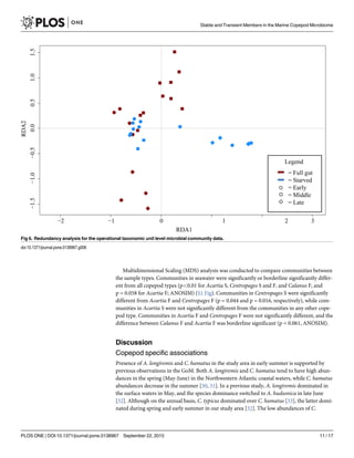 Multidimensional Scaling (MDS) analysis was conducted to compare communities between
the sample types. Communities in seawater were significantly or borderline significantly differ-
ent from all copepod types (p<0.01 for Acartia S, Centropages S and F, and Calanus F, and
p = 0.058 for Acartia F; ANOSIM) (S1 Fig). Communities in Centropages S were significantly
different from Acartia F and Centropages F (p = 0.044 and p = 0.016, respectively), while com-
munities in Acartia S were not significantly different from the communities in any other cope-
pod type. Communities in Acartia F and Centropages F were not significantly different, and the
difference between Calanus F and Acartia F was borderline significant (p = 0.061, ANOSIM).
Discussion
Copepod specific associations
Presence of A. longiremis and C. hamatus in the study area in early summer is supported by
previous observations in the GoM. Both A. longiremis and C. hamatus tend to have high abun-
dances in the spring (May-June) in the Northwestern Atlantic coastal waters, while C. hamatus
abundances decrease in the summer [30, 31]. In a previous study, A. longiremis dominated in
the surface waters in May, and the species dominance switched to A. hudsonica in late June
[32]. Although on the annual basis, C. typicus dominated over C. hamatus [33], the latter domi-
nated during spring and early summer in our study area [32]. The low abundances of C.
Fig 6. Redundancy analysis for the operational taxonomic unit level microbial community data.
doi:10.1371/journal.pone.0138967.g006
Stable and Transient Members in the Marine Copepod Microbiome
PLOS ONE | DOI:10.1371/journal.pone.0138967 September 22, 2015 11 / 17
 