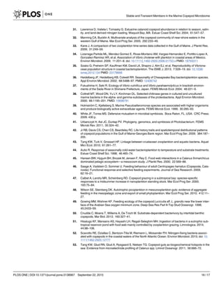 31. Lawrence D, Valiela I, Tomasky G. Estuarine calanoid copepod abundance in relation to season, salin-
ity, and land-derived nitrogen loading, Waquoit Bay, MA. Estuar Coast Shelf Sci. 2004; 61:547–57.
32. Manning CA, Bucklin A. Multivariate analysis of the copepod community of near-shore waters in the
western Gulf of Maine. Mar Ecol Prog Ser. 2005; 292:233–49.
33. Kane J. A comparison of two zooplankton time series data collected in the Gulf of Maine. J Plankt Res.
2009; 31:249–59.
34. Lizarraga-Partida ML, Mendez-Gomez E, Rivas-Montano AM, Vargas-Hernandez E, Portillo-Lopez A,
Gonzalez-Ramirez AR, et al. Association of Vibrio cholerae with plankton in coastal areas of Mexico.
Environ Microbiol. 2009; 11:201–8. doi: 10.1111/j.1462-2920.2008.01753.x PMID: 18793311
35. Szabo G, Preheim SP, Kauffman KM, David LA, Shapiro J, Alm EJ, et al. Reproducibility of Vibriona-
ceae population structure in coastal bacterioplankton. The ISME J. 2013; 7:509–19. doi: 10.1038/
ismej.2012.134 PMID: 23178668
36. Heidelberg JF, Heidelberg KB, Colwell RR. Seasonality of Chesapeake Bay bacterioplankton species.
Appl Environ Microbiol. 2002; 68:5488–97. PMID: 12406742
37. Fukushima H, Seki R. Ecology of Vibrio vulnificus and Vibrio parahaemolyticus in brackish environ-
ments of the Sada River in Shimane Prefecture, Japan. FEMS Microb Ecol. 2004; 48:221–9.
38. Cottrell MT, Wood DN, Yu LY, Kirchman DL. Selected chitinase genes in cultured and uncultured
marine bacteria in the alpha- and gamma-subclasses of the proteobacteria. Appl Environ Microbiol.
2000; 66:1195–201. PMID: 10698791
39. Holmström C, Kjelleberg S. Marine Pseudoalteromonas species are associated with higher organisms
and produce biologically active extracellular agents. FEMS Microb Ecol. 1999; 30:285–93.
40. White JF, Torres MS. Defensive mutualism in microbial symbiosis. Boca Raton, FL, USA: CRC Press;
2009. 430 p.
41. Urbanczyk H, Ast JC, Dunlap PV. Phylogeny, genomics, and symbiosis of Photobacterium. FEMS
Microb Rev. 2011; 35:324–42.
42. Ji RB, Davis CS, Chen CS, Beardsley RC. Life history traits and spatiotemporal distributional patterns
of copepod populations in the Gulf of Maine-Georges Bank region. Mar Ecol Prog Ser. 2009; 384:187–
205.
43. Tang KW, Turk V, Grossart HP. Linkage between crustacean zooplankton and aquatic bacteria. Aquat
Micr Ecol. 2010; 61:261–77.
44. Autio R. Response of seasonally cold-water bacterioplankton to temperature and substrate treatments.
Estuar Coast Shelf Sci. 1998; 46:465–74.
45. Hansen BW, Hygum BH, Brozek M, Jensen F, Rey C. Food web interactions in a Calanus finmarchicus
dominated pelagic ecosystem—a mesocosm study. J Plankt Res. 2000; 22:569–88.
46. Saage A, Vadstein O, Sommer U. Feeding behaviour of adult Centropages hamatus (Copepoda, Cala-
noida): Functional response and selective feeding experiments. Journal of Sea Research. 2009;
62:16–21.
47. Calbet A, Landry MR, Scheinberg RD. Copepod grazing in a subtropical bay: species-specific
responses to a midsummer increase in nanoplankton standing stock. Mar Ecol Prog Ser. 2000;
193:75–84.
48. Wilson SE, Steinberg DK. Autotrophic picoplankton in mesozooplankton guts: evidence of aggregate
feeding in the mesopelagic zone and export of small phytoplankton. Mar Ecol Prog Ser. 2010; 412:11–
27.
49. Gowing MM, Wishner KF. Feeding ecology of the copepod Lucicutia aff. L. grandis near the lower inter-
face of the Arabian Sea oxygen minimum zone. Deep-Sea Res Part II-Top Stud Oceanogr. 1998;
45:2433–59.
50. Cnudde C, Moens T, Willems A, De Troch M. Substrate-dependent bacterivory by intertidal benthic
copepods. Mar Biol. 2013; 160:327–41.
51. Hisatugo KF, Mansano AS, Hayashi LH, Regali-Seleghim MH. Ingestion of bacteria in a eutrophic sub-
tropical reservoir pond with food web mainly controlled by zooplankton grazing. Limnologica. 2014;
44:98–106.
52. Scavotto RE, Dziallas C, Bentzon-Tilia M, Riemann L, Moisander PH. Nitrogen-fixing bacteria associ-
ated with copepods in the coastal waters of the North Atlantic Ocean. Environ Microbiol. 2015; doi: 10.
1111/1462-2920.12777
53. Tang KW, Glud RN, Glud A, Rysgaard S, Nielsen TG. Copepod guts as biogeochemical hotspots in the
sea: Evidence from microelectrode profiling of Calanus spp. Limnol Oceanogr. 2011; 56:666–72.
Stable and Transient Members in the Marine Copepod Microbiome
PLOS ONE | DOI:10.1371/journal.pone.0138967 September 22, 2015 16 / 17
 