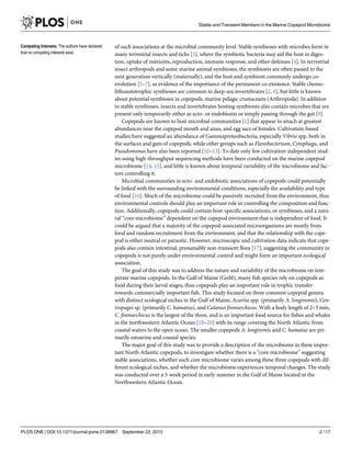 of such associations at the microbial community level. Stable symbioses with microbes form in
many terrestrial insects and ticks [3], where the symbiotic bacteria may aid the host in diges-
tion, uptake of nutrients, reproduction, immune response, and other defenses [4]. In terrestrial
insect arthropods and some marine animal symbioses, the symbionts are often passed to the
next generation vertically (maternally), and the host and symbiont commonly undergo co-
evolution [5–7], as evidence of the importance of the permanent co-existence. Stable chemo-
lithoautotrophic symbioses are common in deep-sea invertebrates [2, 8], but little is known
about potential symbioses in copepods, marine pelagic crustaceans (Arthropoda). In addition
to stable symbioses, insects and invertebrates hosting symbionts also contain microbes that are
present only temporarily either as ecto- or endobionts or simply passing through the gut [9].
Copepods are known to host microbial communities [1] that appear to attach at greatest
abundances near the copepod mouth and anus, and egg sacs of females. Cultivation-based
studies have suggested an abundance of Gammaproteobacteria, especially Vibrio spp. both in
the surfaces and guts of copepods, while other groups such as Flavobacterium, Cytophaga, and
Pseudomonas have also been reported [10–13]. To date only few cultivation-independent stud-
ies using high-throughput sequencing methods have been conducted on the marine copepod
microbiome [14, 15], and little is known about temporal variability of the microbiome and fac-
tors controlling it.
Microbial communities in ecto- and endobiotic associations of copepods could potentially
be linked with the surrounding environmental conditions, especially the availability and type
of food [16]. Much of the microbiome could be passively recruited from the environment, thus
environmental controls should play an important role in controlling the composition and func-
tion. Additionally, copepods could contain host-specific associations, or symbioses, and a natu-
ral “core microbiome” dependent on the copepod environment that is independent of food. It
could be argued that a majority of the copepod-associated microorganisms are mostly from
food and random recruitment from the environment, and that the relationship with the cope-
pod is either neutral or parasitic. However, microscopic and cultivation data indicate that cope-
pods also contain intestinal, presumably non-transient flora [17], suggesting the community in
copepods is not purely under environmental control and might form an important ecological
association.
The goal of this study was to address the nature and variability of the microbiome on tem-
perate marine copepods. In the Gulf of Maine (GoM), many fish species rely on copepods as
food during their larval stages, thus copepods play an important role in trophic transfer
towards commercially important fish. This study focused on three common copepod genera
with distinct ecological niches in the Gulf of Maine, Acartia spp. (primarily A. longiremis), Cen-
tropages sp. (primarily C. hamatus), and Calanus finmarchicus. With a body length of 2–3 mm,
C. finmarchicus is the largest of the three, and is an important food source for fishes and whales
in the northwestern Atlantic Ocean [18–20] with its range covering the North Atlantic from
coastal waters to the open ocean. The smaller copepods A. longiremis and C. hamatus are pri-
marily estuarine and coastal species.
The major goal of this study was to provide a description of the microbiome in these impor-
tant North Atlantic copepods, to investigate whether there is a “core microbiome” suggesting
stable associations, whether such core microbiome varies among these three copepods with dif-
ferent ecological niches, and whether the microbiome experiences temporal changes. The study
was conducted over a 3-week period in early summer in the Gulf of Maine located in the
Northwestern Atlantic Ocean.
Stable and Transient Members in the Marine Copepod Microbiome
PLOS ONE | DOI:10.1371/journal.pone.0138967 September 22, 2015 2 / 17
Competing Interests: The authors have declared
that no competing interests exist.
 