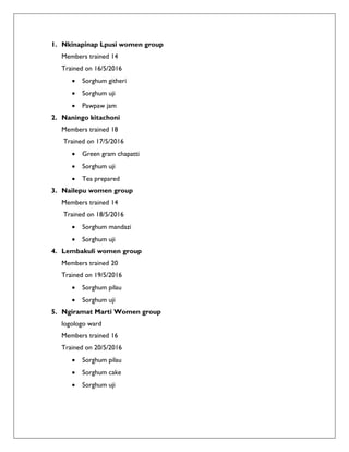 1. Nkinapinap Lpusi women group
Members trained 14
Trained on 16/5/2016
 Sorghum githeri
 Sorghum uji
 Pawpaw jam
2. Naningo kitachoni
Members trained 18
Trained on 17/5/2016
 Green gram chapatti
 Sorghum uji
 Tea prepared
3. Nailepu women group
Members trained 14
Trained on 18/5/2016
 Sorghum mandazi
 Sorghum uji
4. Lembakuli women group
Members trained 20
Trained on 19/5/2016
 Sorghum pilau
 Sorghum uji
5. Ngiramat Marti Women group
logologo ward
Members trained 16
Trained on 20/5/2016
 Sorghum pilau
 Sorghum cake
 Sorghum uji
 