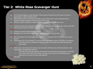 Tier 2: White Rose Scavenger Hunt
WHAT:
● On the Mockingjay contest website, there will be instructions and clues on how to
participate in the scavenger hunt.
● 300 artificial white roses will be hidden around the nation, each attached with a
weather-proof envelope containing an online code.
● Winners will be mailed a limited edition poster signed by the main cast.
WHO:
● Customers who have bought the DVD/Blu-ray will receive a code to go online and view
the hints and clues to find the white roses.
WHERE:
● Choose locations based on population.
● Roughly one rose will be hidden per 1 million people in every state.
WHEN:
● The scavenger hunt will begin when the DVD is released and run until the last rose is
found.
● Advertising for this will begin via social media two weeks before DVD/Blu-ray release.
○ This will boost our presence in social media and create buzz that will directly
drive sales.
DETAILS:
● With every rose found, the online code included with the rose will be entered on the
Mockingjay sweepstakes website.
○ This will automatically update the website and mark the rose location as ‘Found’
○ The winner will enter their name, city, age, and a picture of themselves (all
optional) to be seen by other participants
COST: $90,200
22
 