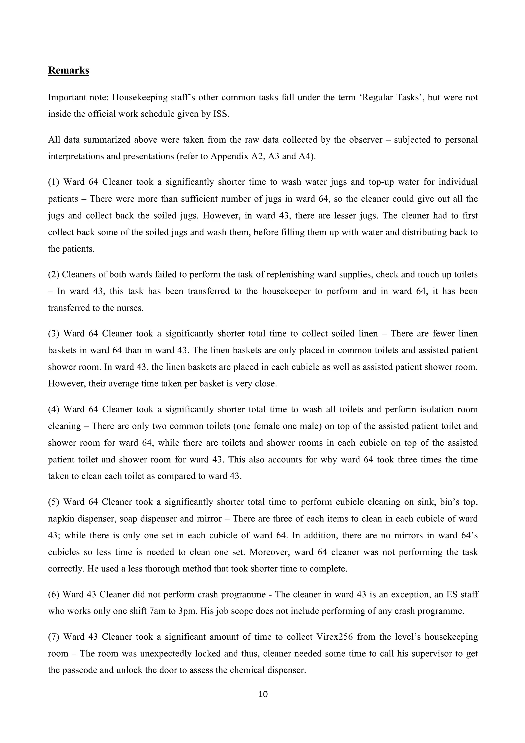 10	
  
	
  
Remarks
Important note: Housekeeping staff’s other common tasks fall under the term ‘Regular Tasks’, but were not
inside the official work schedule given by ISS.
All data summarized above were taken from the raw data collected by the observer – subjected to personal
interpretations and presentations (refer to Appendix A2, A3 and A4).
(1) Ward 64 Cleaner took a significantly shorter time to wash water jugs and top-up water for individual
patients – There were more than sufficient number of jugs in ward 64, so the cleaner could give out all the
jugs and collect back the soiled jugs. However, in ward 43, there are lesser jugs. The cleaner had to first
collect back some of the soiled jugs and wash them, before filling them up with water and distributing back to
the patients.
(2) Cleaners of both wards failed to perform the task of replenishing ward supplies, check and touch up toilets
– In ward 43, this task has been transferred to the housekeeper to perform and in ward 64, it has been
transferred to the nurses.
(3) Ward 64 Cleaner took a significantly shorter total time to collect soiled linen – There are fewer linen
baskets in ward 64 than in ward 43. The linen baskets are only placed in common toilets and assisted patient
shower room. In ward 43, the linen baskets are placed in each cubicle as well as assisted patient shower room.
However, their average time taken per basket is very close.
(4) Ward 64 Cleaner took a significantly shorter total time to wash all toilets and perform isolation room
cleaning – There are only two common toilets (one female one male) on top of the assisted patient toilet and
shower room for ward 64, while there are toilets and shower rooms in each cubicle on top of the assisted
patient toilet and shower room for ward 43. This also accounts for why ward 64 took three times the time
taken to clean each toilet as compared to ward 43.
(5) Ward 64 Cleaner took a significantly shorter total time to perform cubicle cleaning on sink, bin’s top,
napkin dispenser, soap dispenser and mirror – There are three of each items to clean in each cubicle of ward
43; while there is only one set in each cubicle of ward 64. In addition, there are no mirrors in ward 64’s
cubicles so less time is needed to clean one set. Moreover, ward 64 cleaner was not performing the task
correctly. He used a less thorough method that took shorter time to complete.
(6) Ward 43 Cleaner did not perform crash programme - The cleaner in ward 43 is an exception, an ES staff
who works only one shift 7am to 3pm. His job scope does not include performing of any crash programme.
(7) Ward 43 Cleaner took a significant amount of time to collect Virex256 from the level’s housekeeping
room – The room was unexpectedly locked and thus, cleaner needed some time to call his supervisor to get
the passcode and unlock the door to assess the chemical dispenser.
 