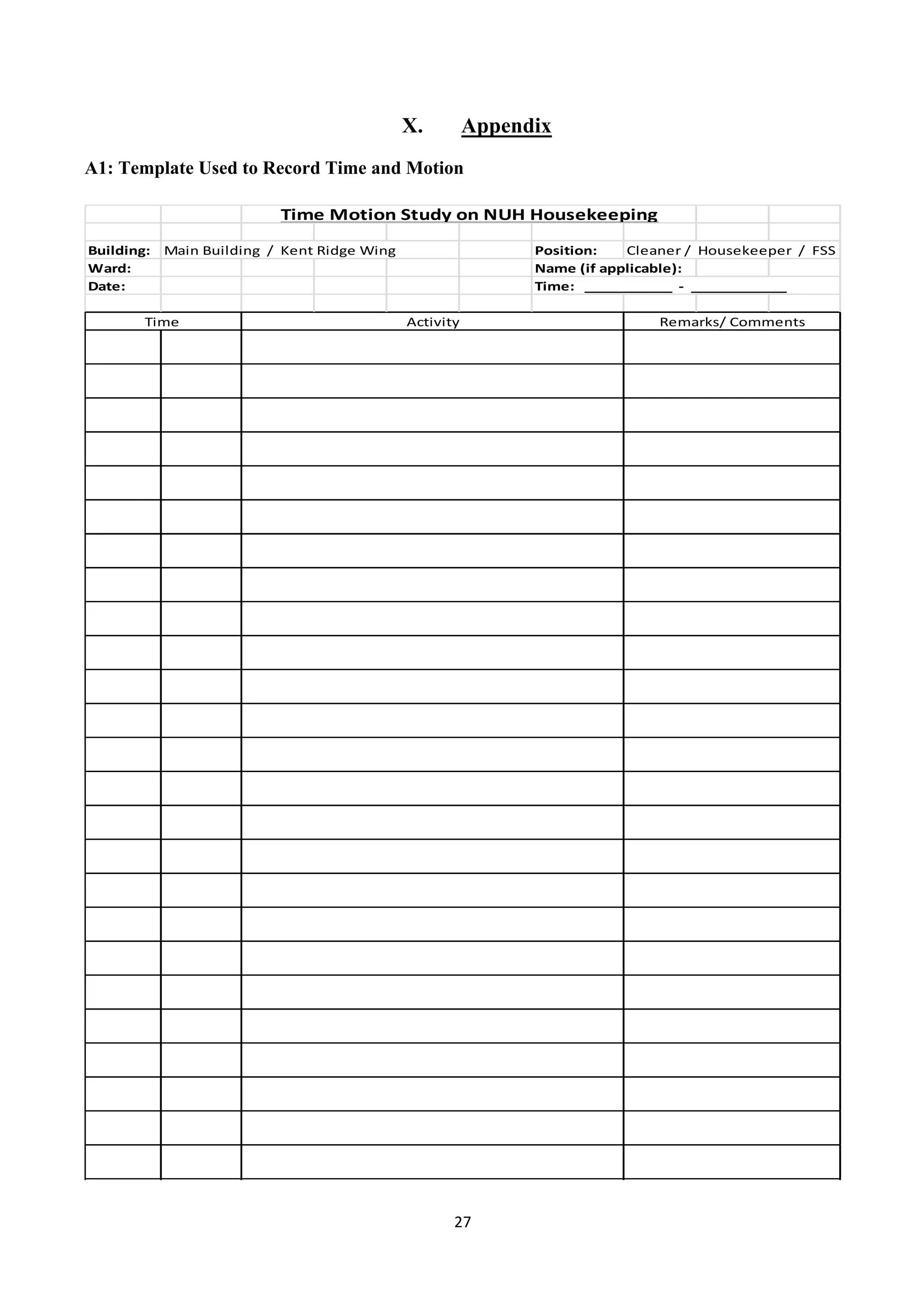 27	
  
	
  
X. Appendix
A1: Template Used to Record Time and Motion
Building: Main	
  Building	
  	
  /	
  	
  Kent	
  Ridge	
  Wing Position: Cleaner	
  /	
  	
  Housekeeper	
  	
  /	
  	
  FSS	
  
Ward: Name	
  (if	
  applicable):
Date: Time:	
  	
  	
  ___________	
  	
  -­‐	
  	
  ____________
Time	
   Activity Remarks/	
  Comments
Time	
  Motion	
  Study	
  on	
  NUH	
  Housekeeping
 