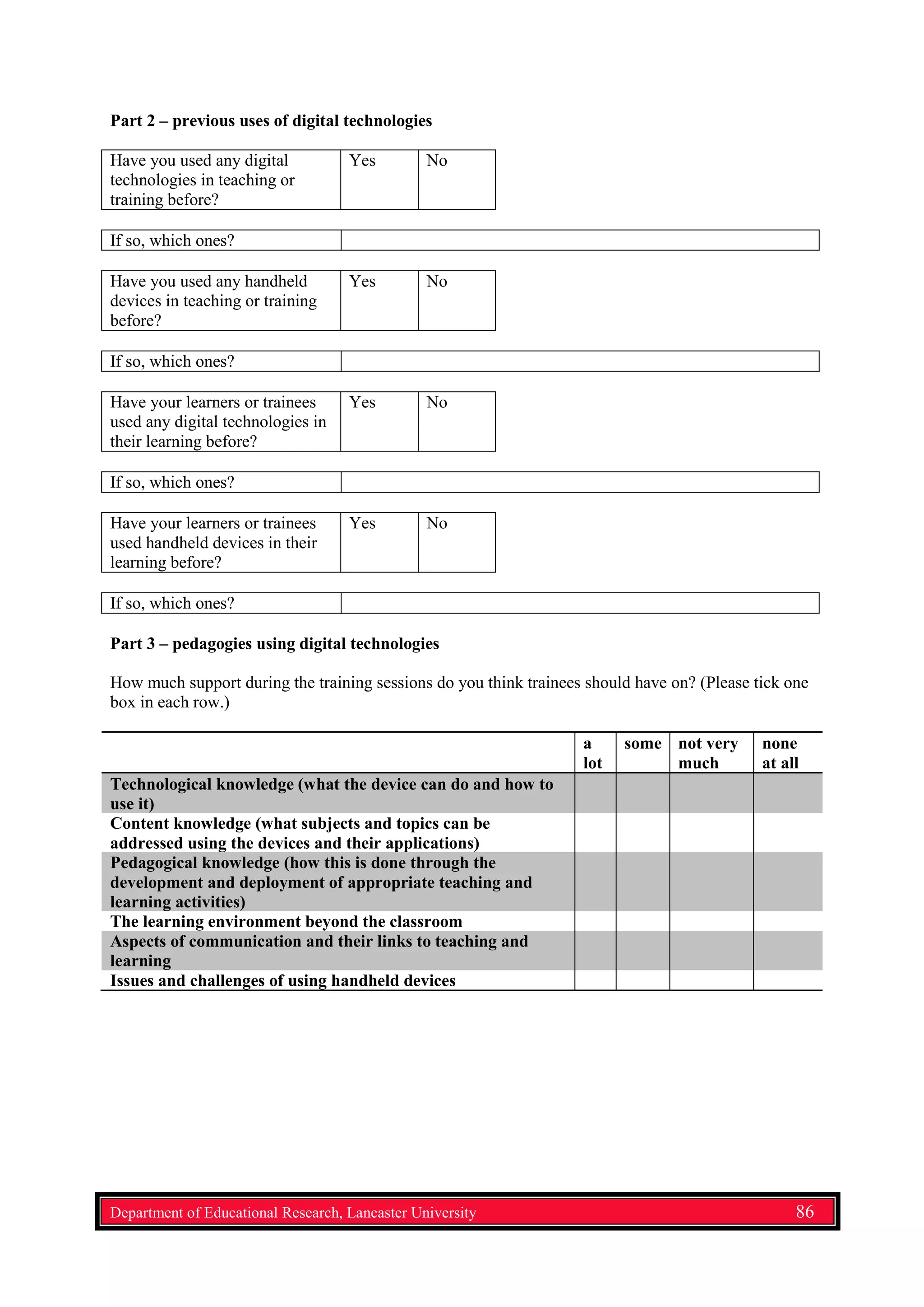 Part 2 – previous uses of digital technologies
Have you used any digital
technologies in teaching or
training before?
Yes No
If so, which ones?
Have you used any handheld
devices in teaching or training
before?
Yes No
If so, which ones?
Have your learners or trainees
used any digital technologies in
their learning before?
Yes No
If so, which ones?
Have your learners or trainees
used handheld devices in their
learning before?
Yes No
If so, which ones?
Part 3 – pedagogies using digital technologies
How much support during the training sessions do you think trainees should have on? (Please tick one
box in each row.)
a
lot
some not very
much
none
at all
Technological knowledge (what the device can do and how to
use it)
Content knowledge (what subjects and topics can be
addressed using the devices and their applications)
Pedagogical knowledge (how this is done through the
development and deployment of appropriate teaching and
learning activities)
The learning environment beyond the classroom
Aspects of communication and their links to teaching and
learning
Issues and challenges of using handheld devices
Department of Educational Research, Lancaster University 86
 
