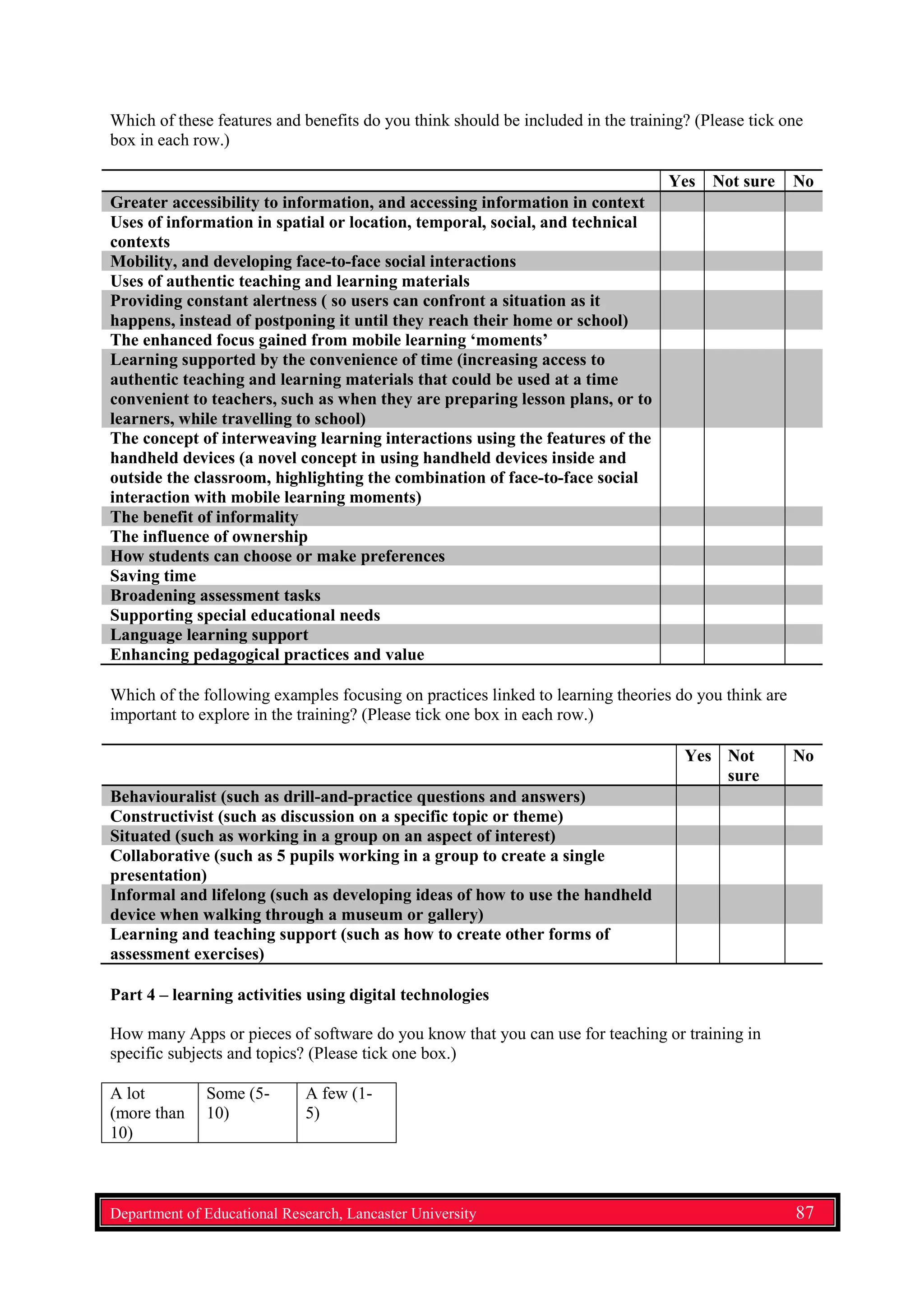 Which of these features and benefits do you think should be included in the training? (Please tick one
box in each row.)
Yes Not sure No
Greater accessibility to information, and accessing information in context
Uses of information in spatial or location, temporal, social, and technical
contexts
Mobility, and developing face-to-face social interactions
Uses of authentic teaching and learning materials
Providing constant alertness ( so users can confront a situation as it
happens, instead of postponing it until they reach their home or school)
The enhanced focus gained from mobile learning ‘moments’
Learning supported by the convenience of time (increasing access to
authentic teaching and learning materials that could be used at a time
convenient to teachers, such as when they are preparing lesson plans, or to
learners, while travelling to school)
The concept of interweaving learning interactions using the features of the
handheld devices (a novel concept in using handheld devices inside and
outside the classroom, highlighting the combination of face-to-face social
interaction with mobile learning moments)
The benefit of informality
The influence of ownership
How students can choose or make preferences
Saving time
Broadening assessment tasks
Supporting special educational needs
Language learning support
Enhancing pedagogical practices and value
Which of the following examples focusing on practices linked to learning theories do you think are
important to explore in the training? (Please tick one box in each row.)
Yes Not
sure
No
Behaviouralist (such as drill-and-practice questions and answers)
Constructivist (such as discussion on a specific topic or theme)
Situated (such as working in a group on an aspect of interest)
Collaborative (such as 5 pupils working in a group to create a single
presentation)
Informal and lifelong (such as developing ideas of how to use the handheld
device when walking through a museum or gallery)
Learning and teaching support (such as how to create other forms of
assessment exercises)
Part 4 – learning activities using digital technologies
How many Apps or pieces of software do you know that you can use for teaching or training in
specific subjects and topics? (Please tick one box.)
A lot
(more than
10)
Some (5-
10)
A few (1-
5)
Department of Educational Research, Lancaster University 87
 