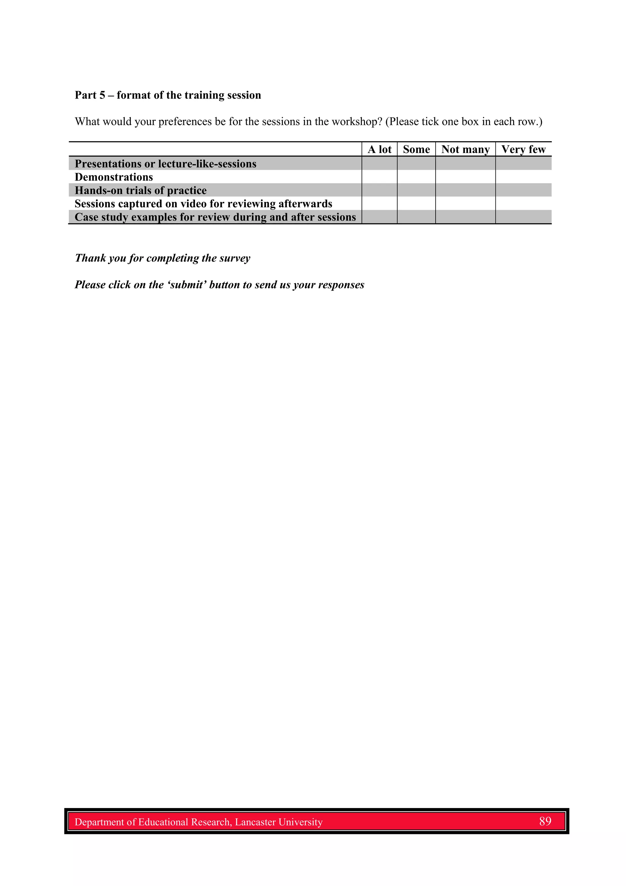 Part 5 – format of the training session
What would your preferences be for the sessions in the workshop? (Please tick one box in each row.)
A lot Some Not many Very few
Presentations or lecture-like-sessions
Demonstrations
Hands-on trials of practice
Sessions captured on video for reviewing afterwards
Case study examples for review during and after sessions
Thank you for completing the survey
Please click on the ‘submit’ button to send us your responses
Department of Educational Research, Lancaster University 89
 