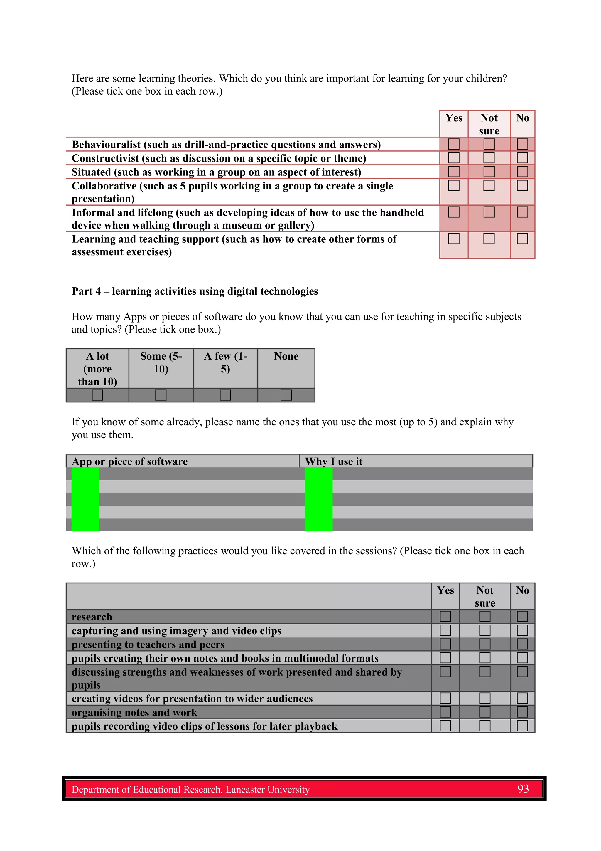 Here are some learning theories. Which do you think are important for learning for your children?
(Please tick one box in each row.)
Yes Not
sure
No
Behaviouralist (such as drill-and-practice questions and answers)
Constructivist (such as discussion on a specific topic or theme)
Situated (such as working in a group on an aspect of interest)
Collaborative (such as 5 pupils working in a group to create a single
presentation)
Informal and lifelong (such as developing ideas of how to use the handheld
device when walking through a museum or gallery)
Learning and teaching support (such as how to create other forms of
assessment exercises)
Part 4 – learning activities using digital technologies
How many Apps or pieces of software do you know that you can use for teaching in specific subjects
and topics? (Please tick one box.)
A lot
(more
than 10)
Some (5-
10)
A few (1-
5)
None
If you know of some already, please name the ones that you use the most (up to 5) and explain why
you use them.
App or piece of software Why I use it
Which of the following practices would you like covered in the sessions? (Please tick one box in each
row.)
Yes Not
sure
No
research
capturing and using imagery and video clips
presenting to teachers and peers
pupils creating their own notes and books in multimodal formats
discussing strengths and weaknesses of work presented and shared by
pupils
creating videos for presentation to wider audiences
organising notes and work
pupils recording video clips of lessons for later playback
Department of Educational Research, Lancaster University 93
 