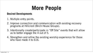 More People
1. Multiple entry points.
2. Improve connection and communication with existing recovery
programs at Hillcrest (Birch House Groups).
3. Intentionally create/participate in “Off Site” events that will allow
us to better engage the 4 out of 5.
4. Strengthen and refine the existing worship experience for those
who have made it to 616.
Desired Developments
Tuesday, May 21, 13
 