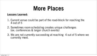 More Places
Lessons Learned:
1. Current venue could be part of the road-block for reaching the
4 out of 5
2. Sometimes room scheduling creates unique challenges
(ex. conferences & larger church events)
3. We are not currently succeeding at reaching 4 out of 5 where we
currently meet.
Tuesday, May 21, 13
 