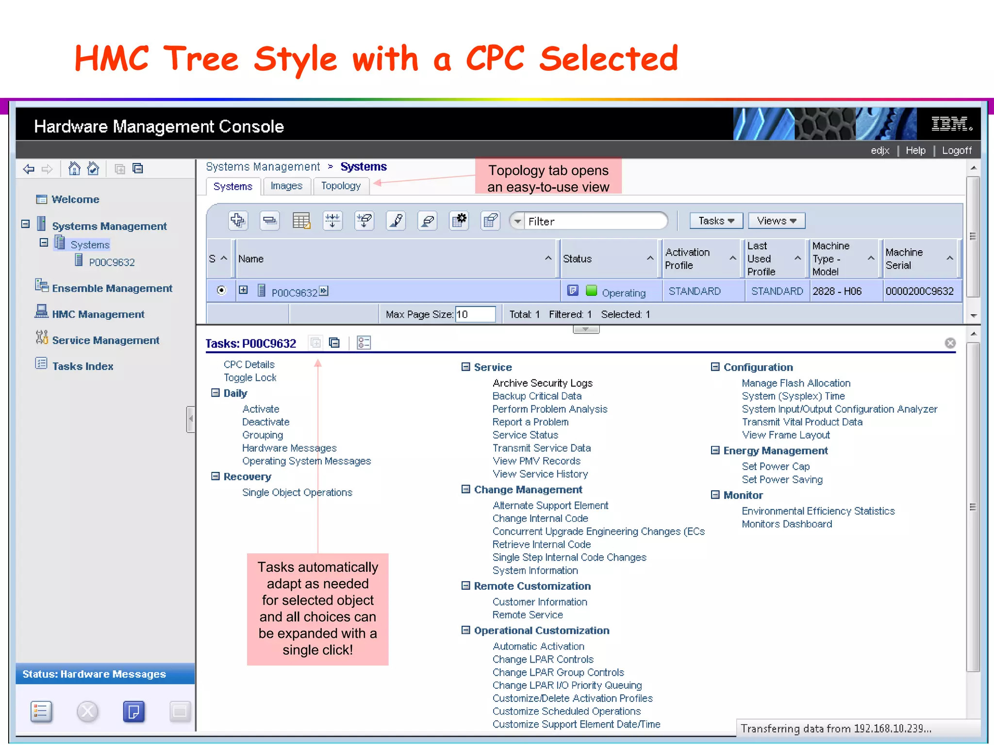 HMC Tree Style with a CPC Selected
Tasks automatically
adapt as needed
for selected object
and all choices can
be expanded with a
single click!
Topology tab opens
an easy-to-use view
 