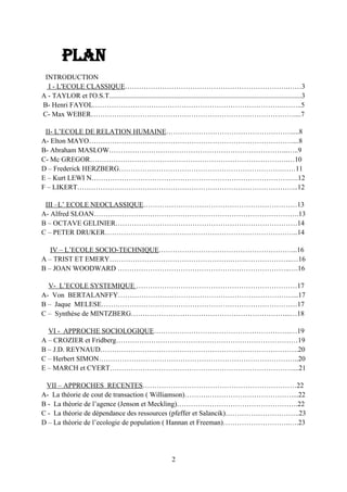 PLAN
INTRODUCTION
I - L'ECOLE CLASSIQUE…………………………………………………………….……3
A - TAYLOR et l'O.S.T..............................................................................................................3
B- Henri FAYOL……………………………………………………………………….……..5
C- Max WEBER……………………………………………………………………………....7
II- L’ECOLE DE RELATION HUMAINE………………………………………………....8
A- Elton MAYO……………………………………………………………………………....8
B- Abraham MASLOW…………………………………………………………………..…..9
C- Mc GREGOR………………………………………………………………………….…10
D – Frederick HERZBERG…………………………………………………………….……11
E – Kurt LEWI N………………………………………………………………………….….12
F – LIKERT…………………………………………………………………………………..12
III –L’ ECOLE NEOCLASSIQUE…………………………………………………………13
A- Alfred SLOAN…………………………………………………………………………….13
B – OCTAVE GELINIER……………………………………………………………………14
C – PETER DRUKER………………………………………………………………………..14
IV – L’ECOLE SOCIO-TECHNIQUE…………………………………………………...16
A – TRIST ET EMERY…………………………………………….…….………………..…16
B – JOAN WOODWARD ………………………………………………………………..….16
V- L’ECOLE SYSTEMIQUE ……………………………………………………………17
A- Von BERTALANFFY…………………………………………………………………...17
B – Jaque MELESE…………………………………………………………………………17
C – Synthèse de MINTZBERG…………………………………………………………...…18
VI - APPROCHE SOCIOLOGIQUE…………………………………………………..…19
A – CROZIER et Fridberg……………………………………………………………………19
B – J.D. REYNAUD………………………………………………………………………….20
C – Herbert SIMON…………………………………………………………………………..20
E – MARCH et CYERT……………………………………………………………………....21
VII – APPROCHES RECENTES…………………………………………………………22
A- La théorie de cout de transaction ( Williamson)……….………………………………....22
B - La théorie de l’agence (Jenson et Meckling)…………………………………………….22
C - La théorie de dépendance des ressources (pfeffer et Salancik)…………………………..23
D – La théorie de l’ecologie de population ( Hannan et Freeman)………………………..….23

2

 