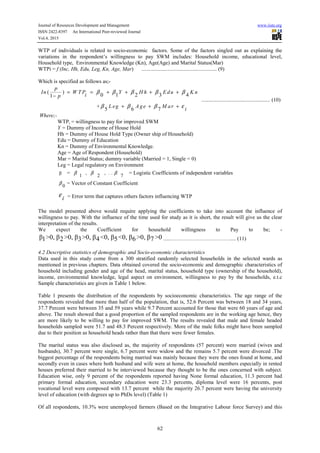 Journal of Resources Development and Management www.iiste.org
ISSN 2422-8397 An International Peer-reviewed Journal
Vol.4, 2015
62
WTP of individuals is related to socio-economic factors. Some of the factors singled out as explaining the
variations in the respondent’s willingness to pay SWM includes: Household income, educational level,
Household type, Environmental Knowledge (Kn), Age(Age) and Marital Status(Mar)
WTPi = f (Inc, Hh, Edu, Leg, Kn, Age, Mar) ........................................................ (9)
Which is specified as follows as;-
( )
0 1 2 3 41
+
5 6 7
p
In W T P Y H h E du K n
ip
L eg A ge M ar
i
β β β β β
β β β ε
= = + + + +
−
+ + +
................................................... (10)
Where;-
WTPi = willingness to pay for improved SWM
Y = Dummy of Income of House Hold
Hh = Dummy of House Hold Type (Owner ship of Household)
Edu = Dummy of Education
Kn = Dummy of Environmental Knowledge.
Age = Age of Respondent (Household)
Mar = Marital Status; dummy variable (Married = 1, Single = 0)
Leg = Legal regulatory on Environment
β = , , . .
1 2 7
β β β = Logistic Coefficients of independent variables
0
β = Vector of Constant Coefficient
i
ε = Error term that captures others factors influencing WTP
The model presented above would require applying the coefficients to take into account the influence of
willingness to pay. With the influence of the time used for study as it is short, the result will give us the clear
interpretation of the results.
We expect the Coefficient for household willingness to Pay to be; -
β >0, β >0, β >0, β <0, β <0, β >0, β >01 2 3 4 5 6 7 ......…………………………….... (11)
4.2 Descriptive statistics of demographic and Socio-economic characteristics
Data used in this study come from a 300 stratified randomly selected households in the selected wards as
mentioned in previous chapters. Data obtained covered the socio-economic and demographic characteristics of
household including gender and age of the head, marital status, household type (ownership of the household),
income, environmental knowledge, legal aspect on environment, willingness to pay by the households, e.t.c
Sample characteristics are given in Table 1 below.
Table 1 presents the distribution of the respondents by socioeconomic characteristics. The age range of the
respondents revealed that more than half of the population, that is, 52.6 Percent was between 18 and 34 years,
37.7 Percent were between 35 and 59 years while 9.7 Percent accounted for those that were 60 years of age and
above. The result showed that a good proportion of the sampled respondents are in the working age hence, they
are more likely to be willing to pay for improved SWM. The results revealed that male and female headed
households sampled were 51.7 and 48.3 Percent respectively. More of the male folks might have been sampled
due to their position as household heads rather than that there were fewer females.
The marital status was also disclosed as, the majority of respondents (57 percent) were married (wives and
husbands), 30.7 percent were single, 6.7 percent were widow and the remains 5.7 percent were divorced .The
biggest percentage of the respondents being married was mainly because they were the ones found at home, and
secondly even in cases where both husband and wife were at home, the household members especially in rented
houses preferred their married to be interviewed because they thought to be the ones concerned with subject.
Education wise, only 9 percent of the respondents reported having None formal education, 11.3 percent had
primary formal education, secondary education were 23.3 percents, diploma level were 16 percents, post
vocational level were composed with 13.7 percent while the majority 26.7 percent were having the university
level of education (with degrees up to PhDs level) (Table 1)
Of all respondents, 10.3% were unemployed farmers (Based on the Integrative Labour force Survey) and this
 