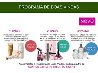 GANHO DE
€43,05 GANHO DE
€108,00
Inscreva-se na Oriflame e ao fazer
um mínimo de 80 V.P. nesse
mesmo catálogo, pode adquirir o
Código 110 por apenas €8,95.
Se adquiriu o Código 110, pode
adquirir o Código 120 por apenas
€8,95 ao completar 80 V.P. no
seu 2ª catálogo deste programa.
GANHO DE
€75,05
Se adquiriu o Código 110 e o Código
120, poderá finalizar programa ao
fazer 80 V.P. no seu 3º catálogo e
receberá GRÁTIS o Código 130.
Ao completar o Programa de Boas-Vindas, poderá usufrir de
GANHOS EXTRA NO VALOR DE €226,10
1º PASSO 2º PASSO 3º PASSO
NOVO
PROGRAMA DE BOAS VINDAS
 