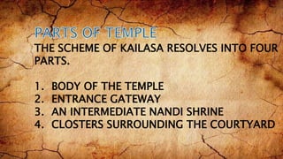 THE SCHEME OF KAILASA RESOLVES INTO FOUR
PARTS.
1. BODY OF THE TEMPLE
2. ENTRANCE GATEWAY
3. AN INTERMEDIATE NANDI SHRINE
4. CLOSTERS SURROUNDING THE COURTYARD
 