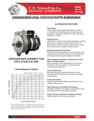 C630
                                                                                                                                    14 volt
                                                                                                                                    350 amp




                                                                                                     ALTERNATOR FEATURES

                                                                                         High Output
                                                                                         Output range at typical 625 rpm engine idle meets
                                                                                         or exceeds recommended minimum continuous load
                                                                                         requirement identified in NFPA 1901. Up to 350 amps
                                                                                         available at 14 volts.

                                                                                         High Efficiency
                                                                                         High Efficiency means lower internal alternator operating
                                                                                         temperature, resulting in longer alternator life. Less
                                                                                         engine power needed to produce electric power means
                                                                                         more engine power available for other needs.

                                                                                         Unique Brushless Construction
                                                                                         Elimination of rotating windings, brushes and slip rings
                                                                                         yields durability, extends service life, eliminates arcing
                                                                                         and reduces electromagnetic interference. (EMI)

    UPGRADE REPLACEMENT FOR                                                              Electromagnetic Interference Suppression meets
       C619, N1222 & A1-608                                                              SAE J1113 specification
                                                                                         EMI suppression to this specification will not cause
                                                                                         interference with the vehicle’s properly designed
                                                                                         communication equipment.
                             PERFORMANCE CURVES
                                                                                         Long Life Bearings
                                                                                         Bearings have high temperature grease and are
                                             72°F / 22°C 200°F / 93°C
                   350                                                                   heat stabilized for extended service life in hot engine
                   325                                                                   compartments.
                   300

                   275                                                                   Conformal Coating
OUTPUT - AMPERES




                   250
                                                                                         Protects regulator and rectifier against damage from
                   225
                                                                                         vibration and corrosion.
                   200
                   175
                   150
                                                                                         High Temperature Insulation and Coating
                   125
                                                                                         Increases durability in hot engine compartments; seals
                   100
                                                                                         out moisture and protects against corrosion.
                   75
                   50                                                                    Output Terminal Hardware is Copper and Brass
                   25                                                                    Highly conductive and corrosion resistant.
                    0
                         0   1500   2000    2500   3000   3500    4000    4500    5000

                                           ALTERNATOR RPM
                   The measurements listed on the curves are taken at the listed
                   ambient temperatures with a stabilized machine temperature, as
                   per SAE J56. The shaded area highlights output available at typical
                   engine idle alternator speed.




                                                                                                                                    C630
 