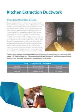 Kitchen Extraction Ductwork
Grease Extract Ventilation Cleaning
The greatest potential fire risk in buildings with catering facilities
comes from the accumulation of grease-laden deposits in extract
ventilation systems, a fire authority representative has warned
at an industry seminar recently. Grease extract ductwork often
stretches through the entire length of a building reaching to
a roof level exhaust, so uncleaned ductwork can put not only
the occupants at risk from fire but also the whole premises.
Although filters in canopies help trap some grease particles it is
inevitable that some grease-laden air will pass through, allowing
grease deposits to cool and settle on the internal surfaces of the
ductwork. Apart from the fire risk, the accumulation of grease
in the kitchen extract system reduces ventilation efficiency by
restricting the movement of extracted air, resulting in over-
heating, excessive humidity, possible failure to remove noxious
fumes from gas-burning appliances and a continuing source of
unwanted odours which can permeate the rest of the building.
The Fire Safety Order requires owners and managers of buildings to ensure the Grease Extract Ventilation
System is included in the Fire Risk Assessment and action taken to eliminate any potential risk to building
occupants from potentially fire hazardous grease deposits in the ducting.
8
TABLE 11: FREQUENCY OF CLEANINGTR19
Heavy Use 12-16 hours per day - 3 monthly
Moderate Use 6-12 hours per day - 6 monthly
Light Use 2-6 hours per day - 12 monthly
 