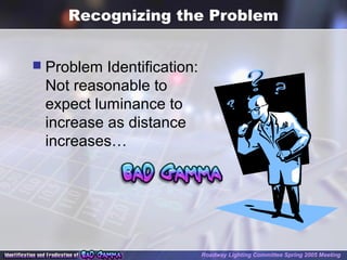 Recognizing the Problem
 Problem Identification:
Not reasonable to
expect luminance to
increase as distance
increases…
Roadway Lighting Committee Spring 2005 Meeting
 