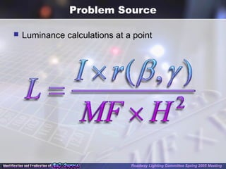Problem Source
 Luminance calculations at a point
Roadway Lighting Committee Spring 2005 Meeting
 