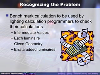 Recognizing the Problem
 Bench mark calculation to be used by
lighting calculation programmers to check
their calculations
– Intermediate Values
– Each luminaire
– Given Geometry
– Errata added luminaires
Roadway Lighting Committee Spring 2005 Meeting
 