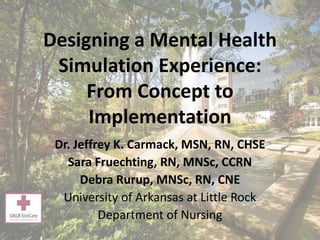 Designing a Mental Health
Simulation Experience:
From Concept to
Implementation
Dr. Jeffrey K. Carmack, MSN, RN, CHSE
Sara Fruechting, RN, MNSc, CCRN
Debra Rurup, MNSc, RN, CNE
University of Arkansas at Little Rock
Department of Nursing
 