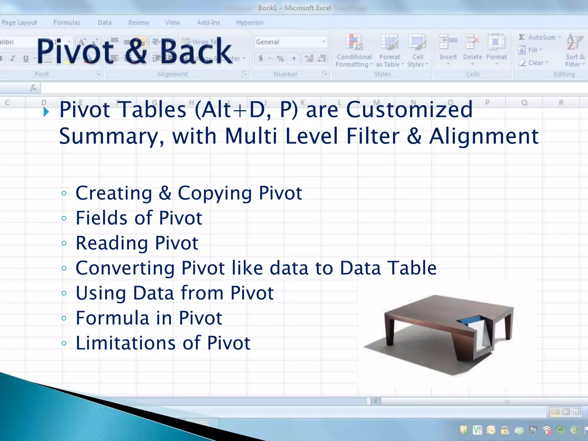  Pivot Tables (Alt+D, P) are Customized
Summary, with Multi Level Filter & Alignment
◦ Creating & Copying Pivot
◦ Fields of Pivot
◦ Reading Pivot
◦ Converting Pivot like data to Data Table
◦ Using Data from Pivot
◦ Formula in Pivot
◦ Limitations of Pivot
 