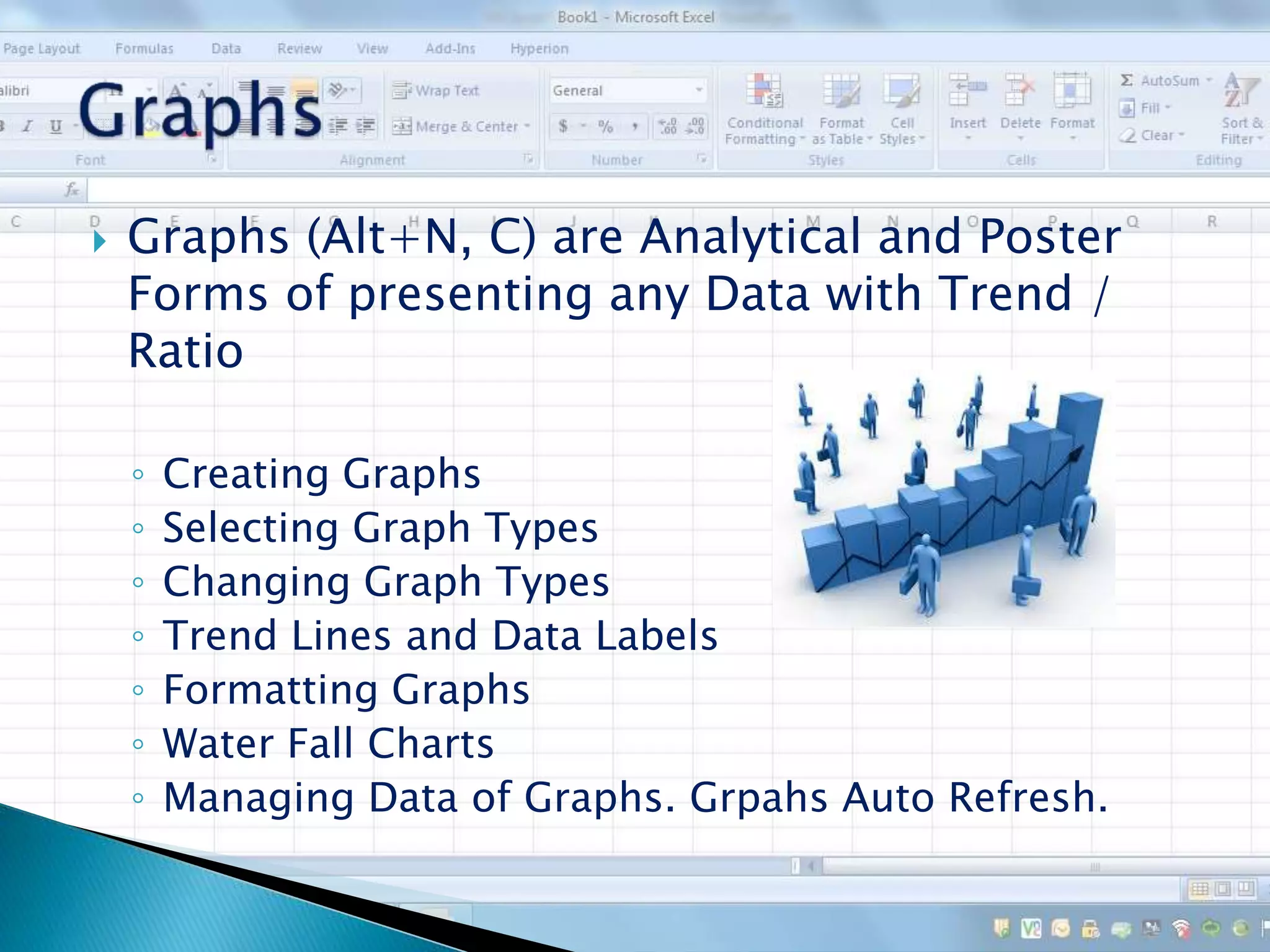  Graphs (Alt+N, C) are Analytical and Poster
Forms of presenting any Data with Trend /
Ratio
◦ Creating Graphs
◦ Selecting Graph Types
◦ Changing Graph Types
◦ Trend Lines and Data Labels
◦ Formatting Graphs
◦ Water Fall Charts
◦ Managing Data of Graphs. Grpahs Auto Refresh.
 