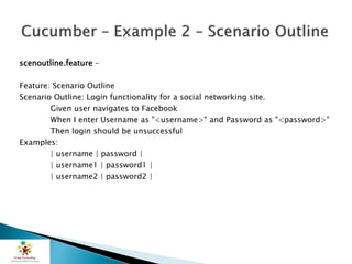 scenoutline.feature –
Feature: Scenario Outline
Scenario Outline: Login functionality for a social networking site.
Given user navigates to Facebook
When I enter Username as "<username>" and Password as "<password>"
Then login should be unsuccessful
Examples:
| username | password |
| username1 | password1 |
| username2 | password2 |
 