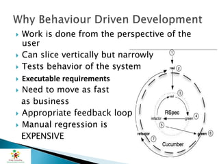  Work is done from the perspective of the
user
 Can slice vertically but narrowly
 Tests behavior of the system
 Executable requirements
 Need to move as fast
as business
 Appropriate feedback loop
 Manual regression is
EXPENSIVE
 